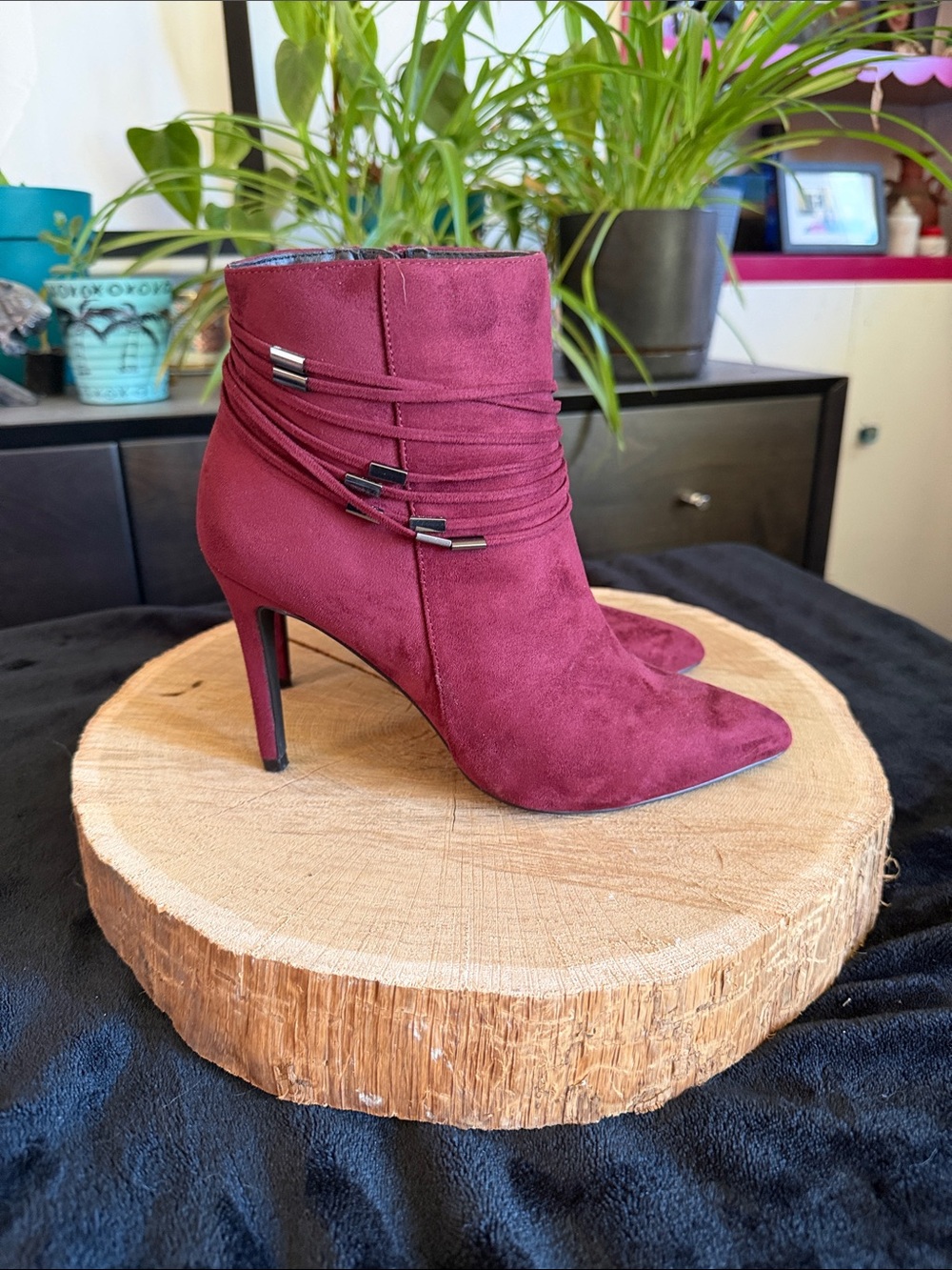 Women's Burgundy Suede Ankle Boots with Wrapped Detail